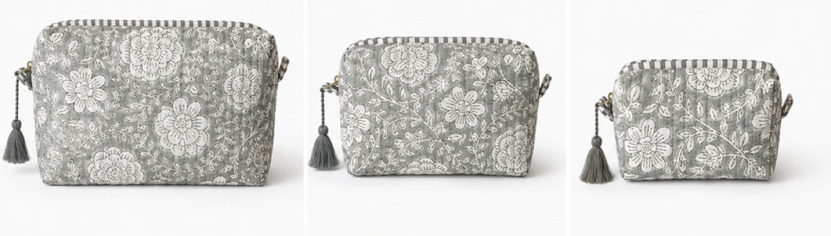 Three views of a small zippered cosmetic pouch with a gray and white floral pattern and a tassel zipper pull, shown on a plain white background.