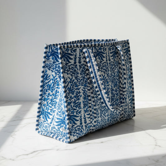 Indigo Botanical Quilted Tote Bag