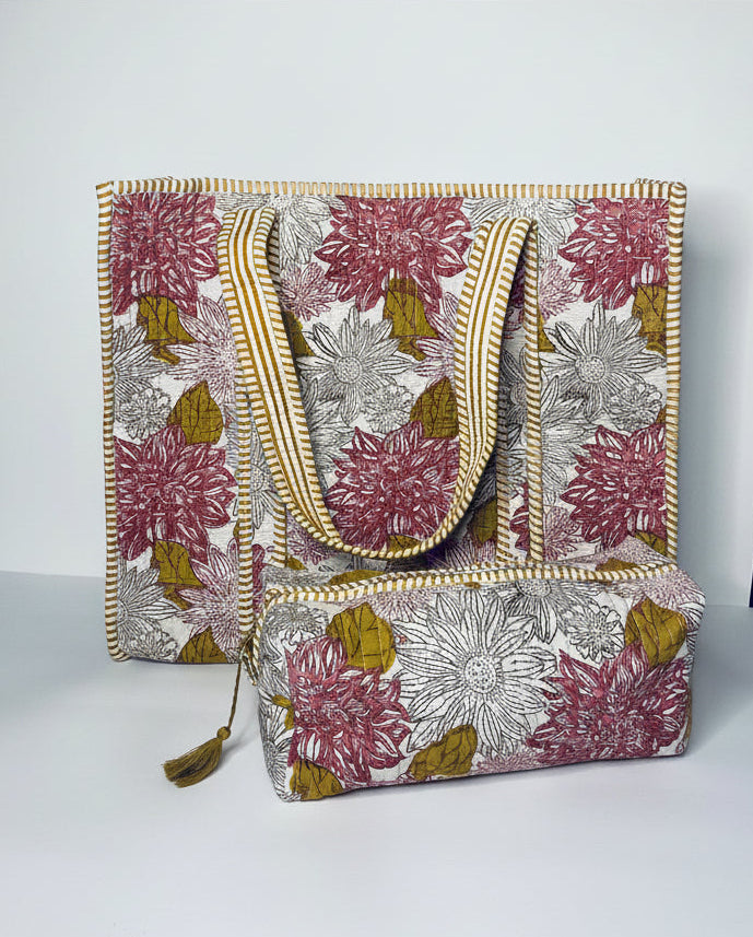 Pink & Yellow Dahlia Print Quilted Tote Bag