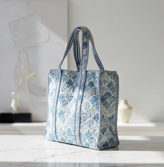 Blue Shell & Fan Pattern Quilted Tote Bag