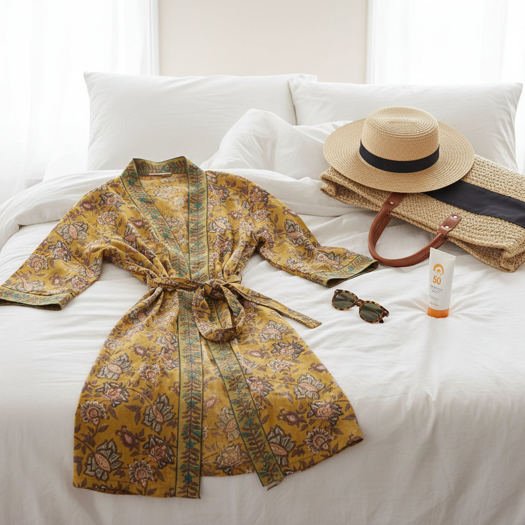 Yellow patterned robe, block printed