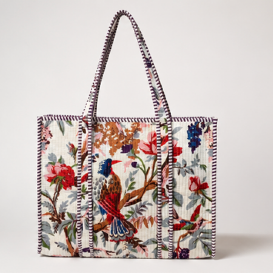 Bird and Botanical block printed tote bag
