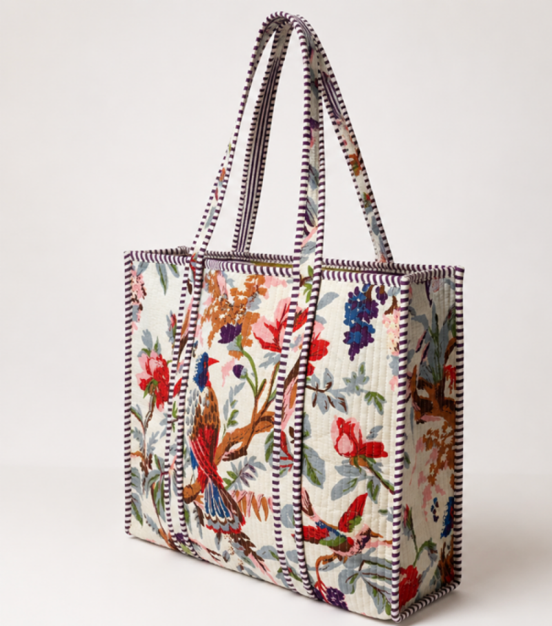 Bird and Botanical block printed tote bag