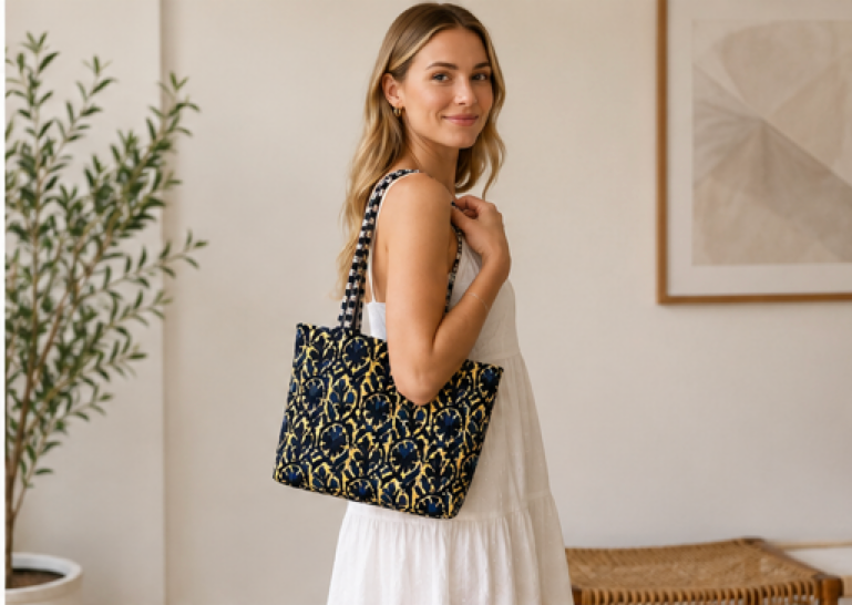 A woman in a white dress carries a navy blue and gold patterned tote bag with a black and white striped shoulder strap.