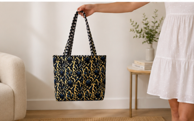 A person in a white dress holds up a black tote bag with a gold and navy blue damask.