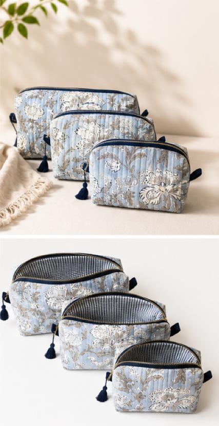 Three pairs of quilted cosmetic pouches in a light blue floral pattern with dark navy trim and tassels, shown in two clean studio-style arrangements against a warm beige background.