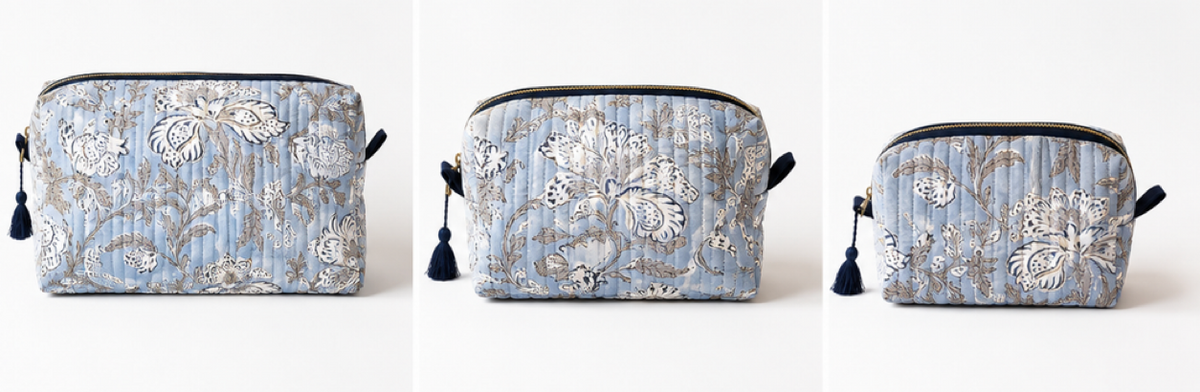 Blue Floral quilted travel pouch set