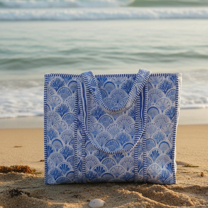 Blue patterned hand block printed quilted tote bag