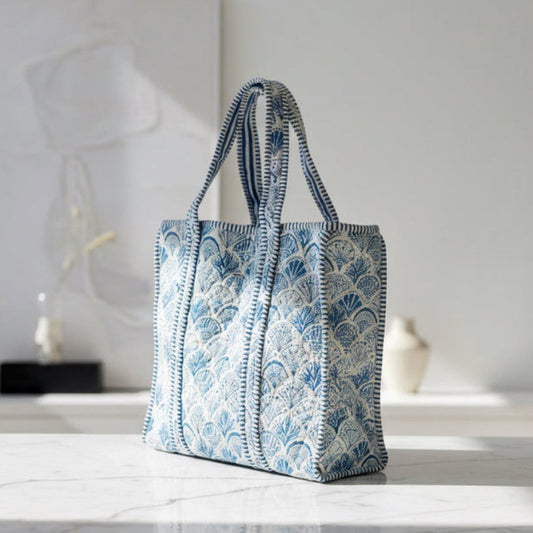 Blue and white patterned tote bag