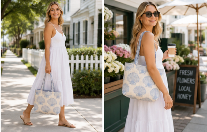 Blue shell hand block printed medium tote bags