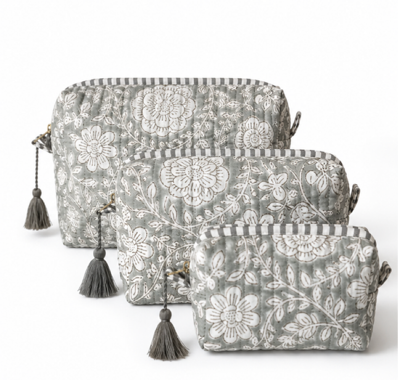 Grey floral quilted travel pouch set
