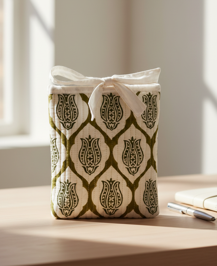 A square fabric gift bag or pouch with a white ribbon bow on top, featuring an olive green and off-white geometric floral pattern, set against a plain white background.
