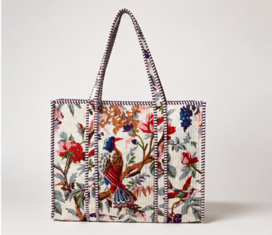 Bird and Botanical block printed tote bag