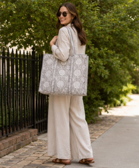 Soft Grey Floral Print Quilted tote bag
