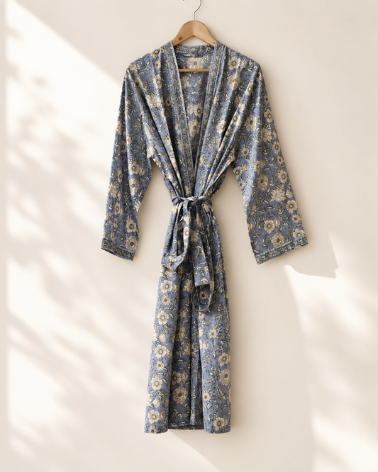 Grey Floral Block-Printed Beach Cover-up