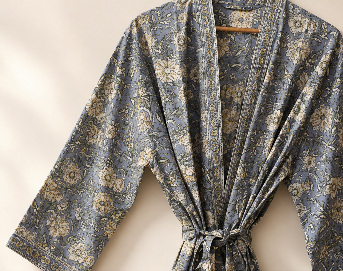 Grey Floral Block-Printed Beach Cover-up
