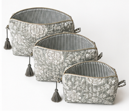 Three zippered cosmetic bags in a nested set, featuring a gray and white floral patterned exterior, striped lining, and dark gray tassels.