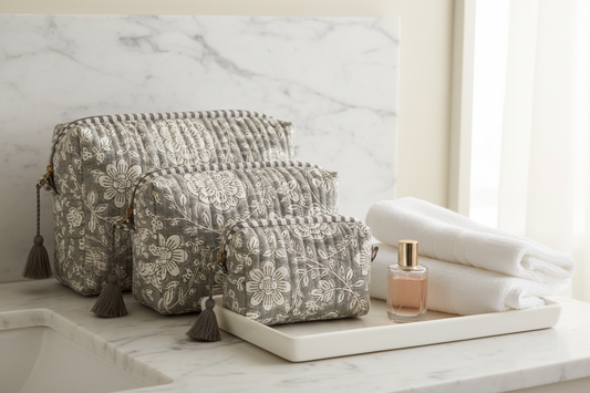 Three quilted cosmetic pouches in a nested set, featuring a gray and white floral pattern, striped top borders, and dark gray tassels on the side.