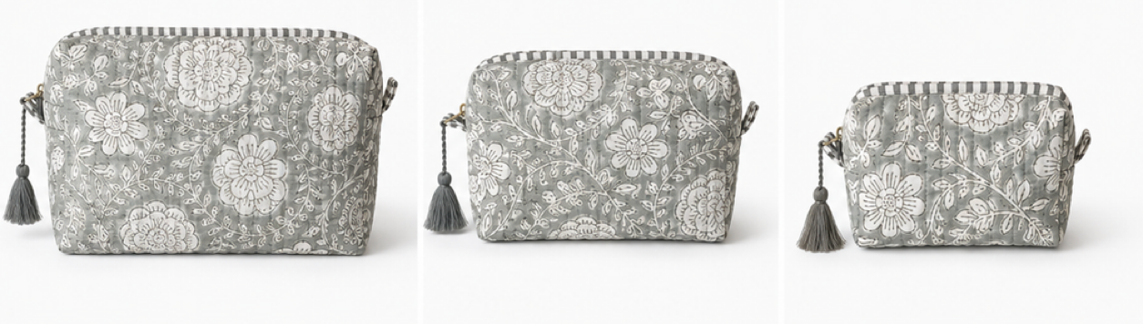 Three views of a small zippered cosmetic pouch with a gray and white floral pattern and a tassel zipper pull, shown on a plain white background.