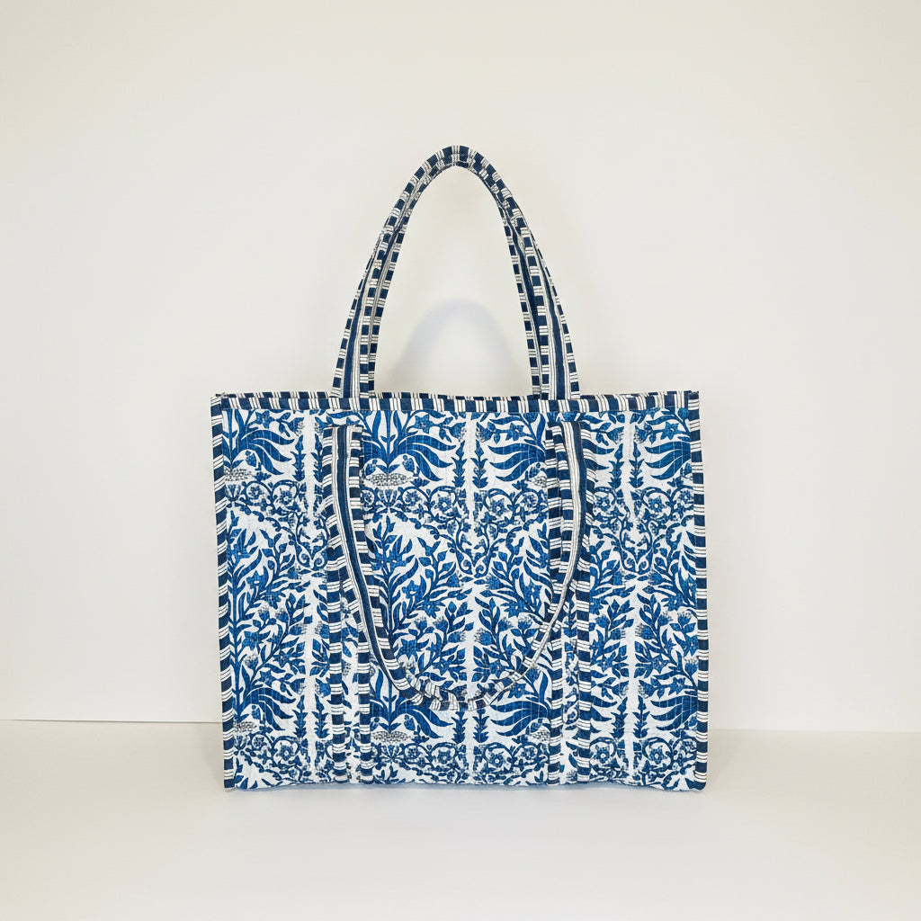 Indigo Botanical Quilted Tote Bag