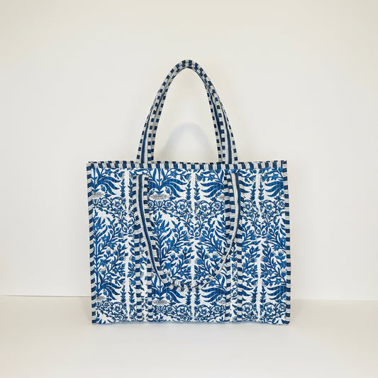Indigo Botanical Quilted Tote Bag