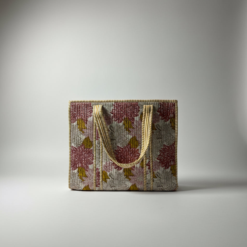 Pink & Yellow Dahlia Print Quilted Tote Bag