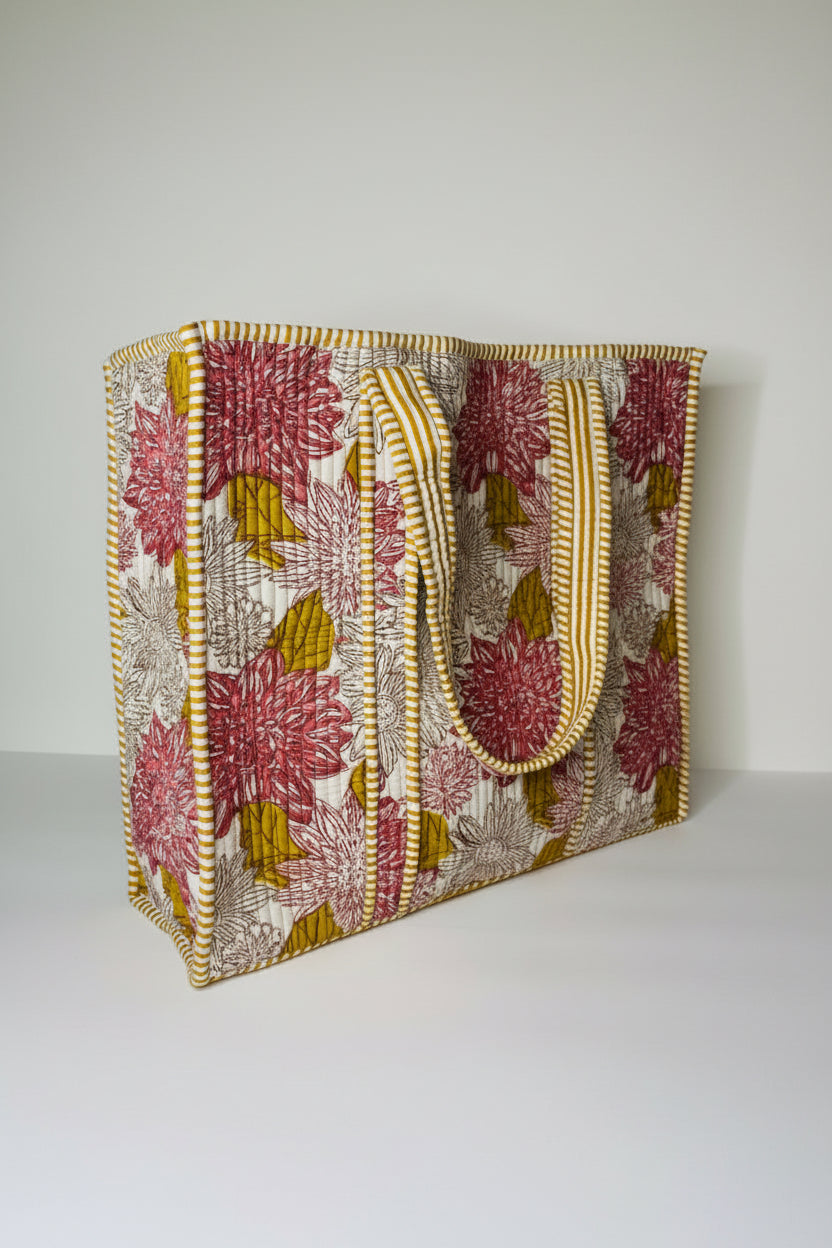 Pink & Yellow Dahlia Print Quilted Tote Bag