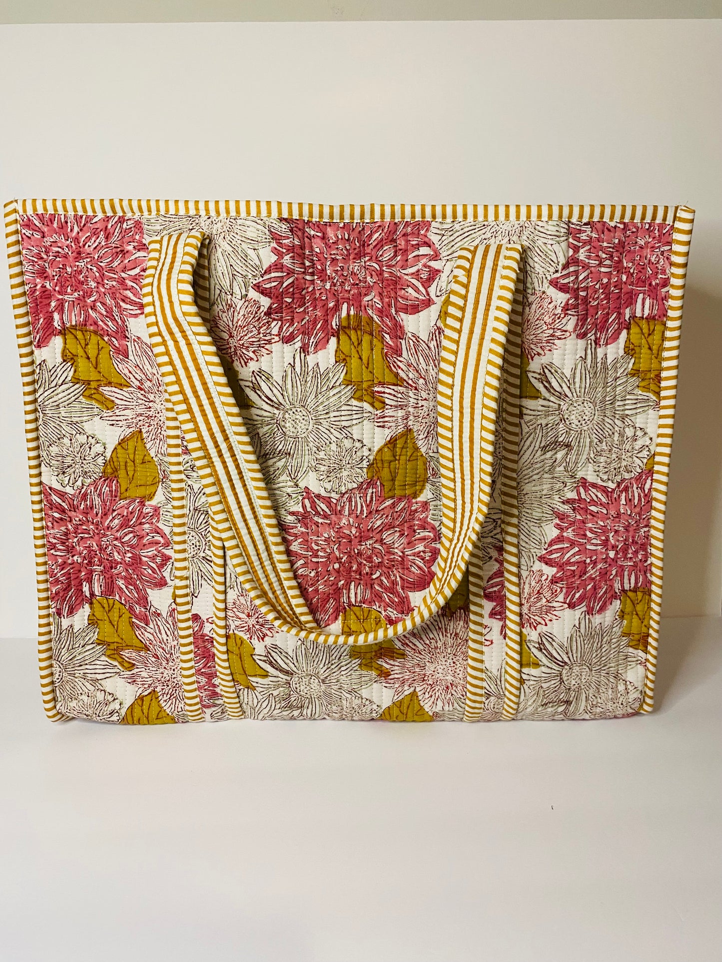 Pink & Yellow Dahlia Print Quilted Tote Bag
