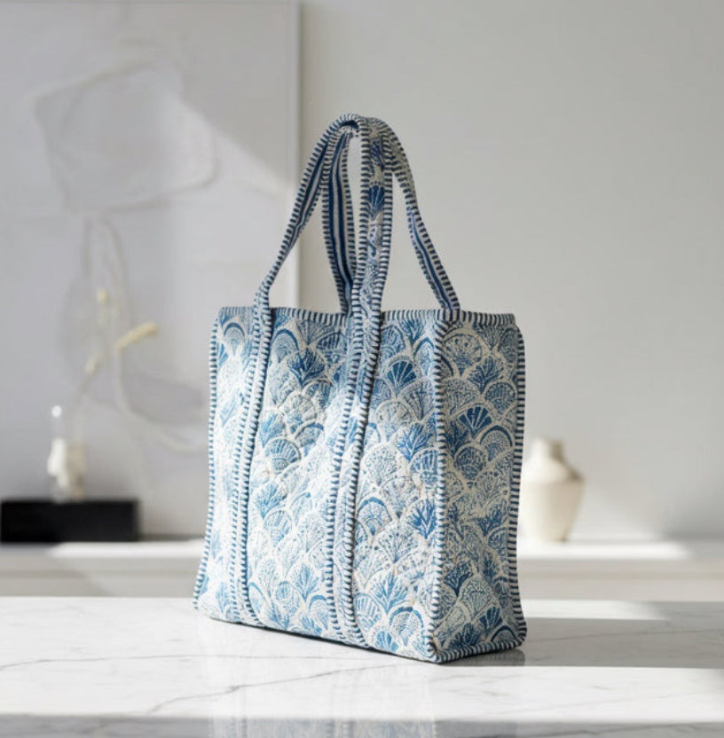 Blue Shell & Fan Pattern Quilted Tote Bag