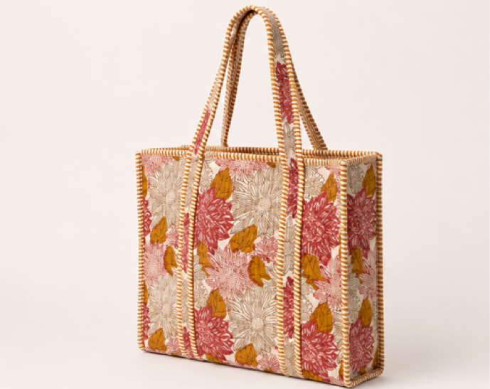 A structured tote bag with a woven floral pattern in dusty pink, rust red, and ochre yellow on a cream background, featuring braided orange handles and trim.