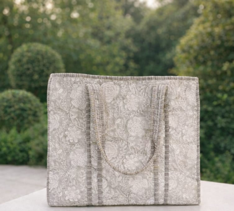Soft Grey Floral Print Quilted tote bag
