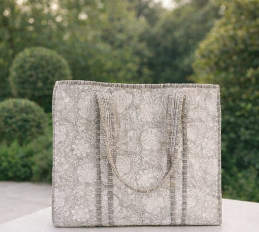 Soft Grey Floral Print Quilted tote bag