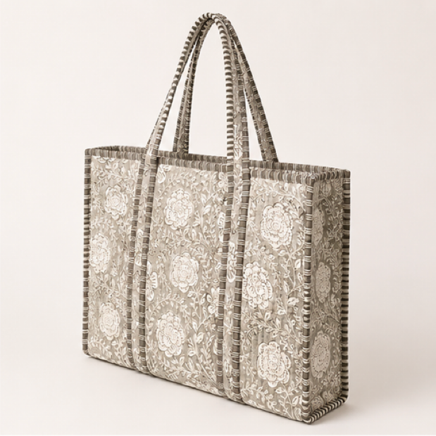 Soft Grey Floral Print Quilted tote bag
