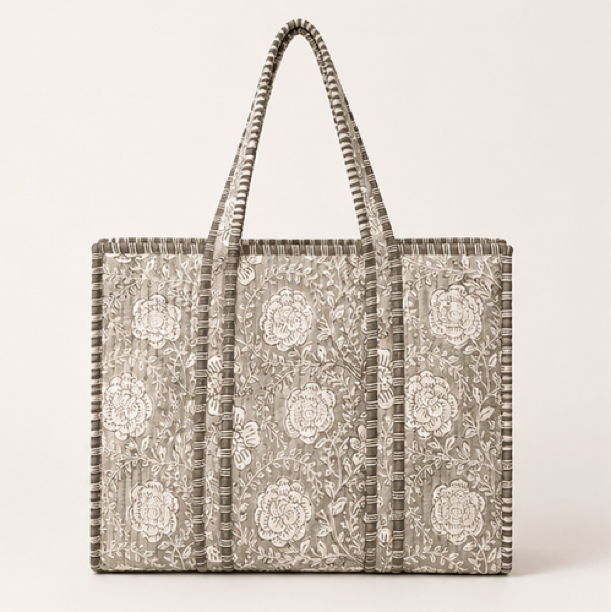 Soft Grey Floral Print Quilted tote bag