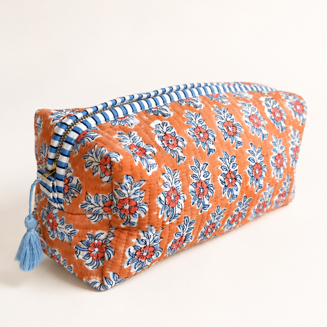 Terracotta Floral Print Cosmetic and Travel Pouch