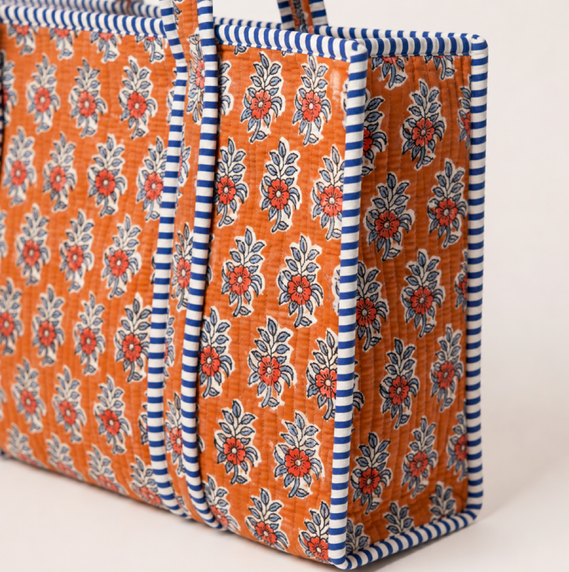 Terracotta Floral Print Quilted Tote Bag