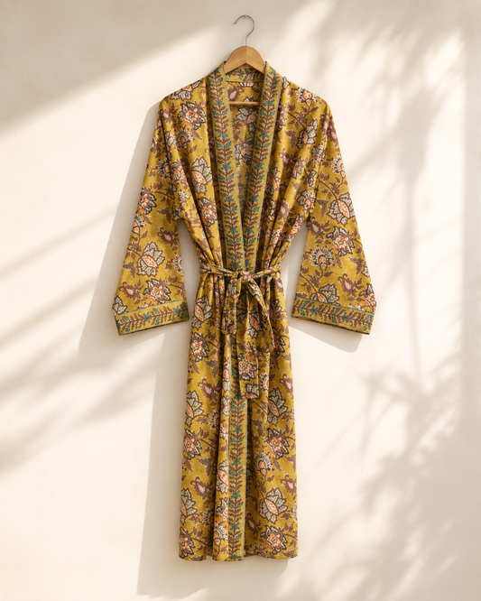 Yellow Floral Block-printed Kimono