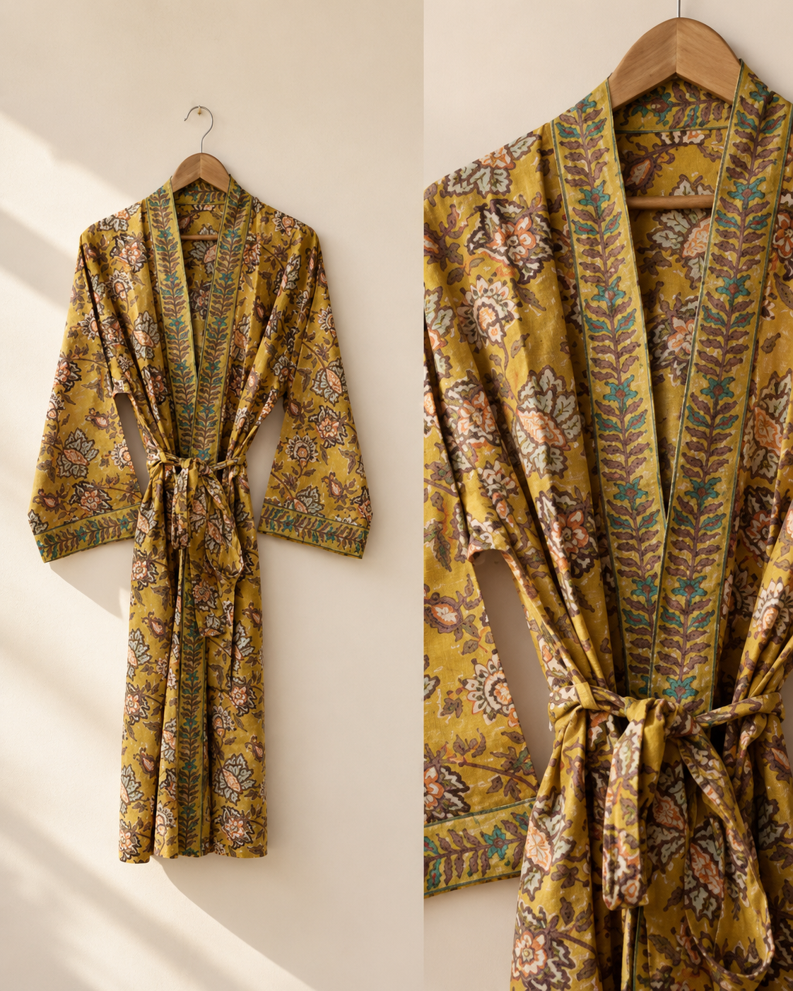 Yellow Floral Block-printed Kimono
