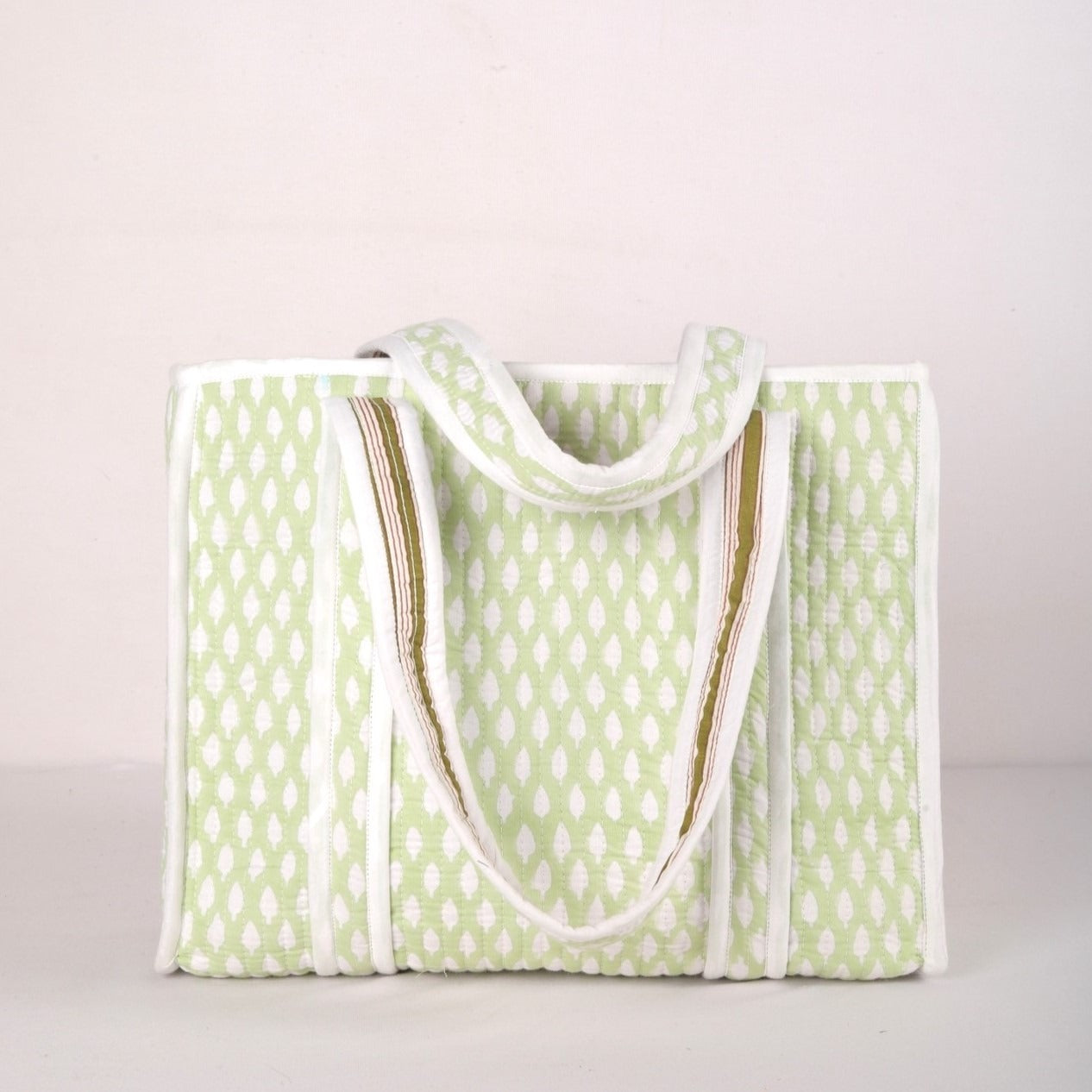Olive green white floral hand block-printed quilted cotton tote bag