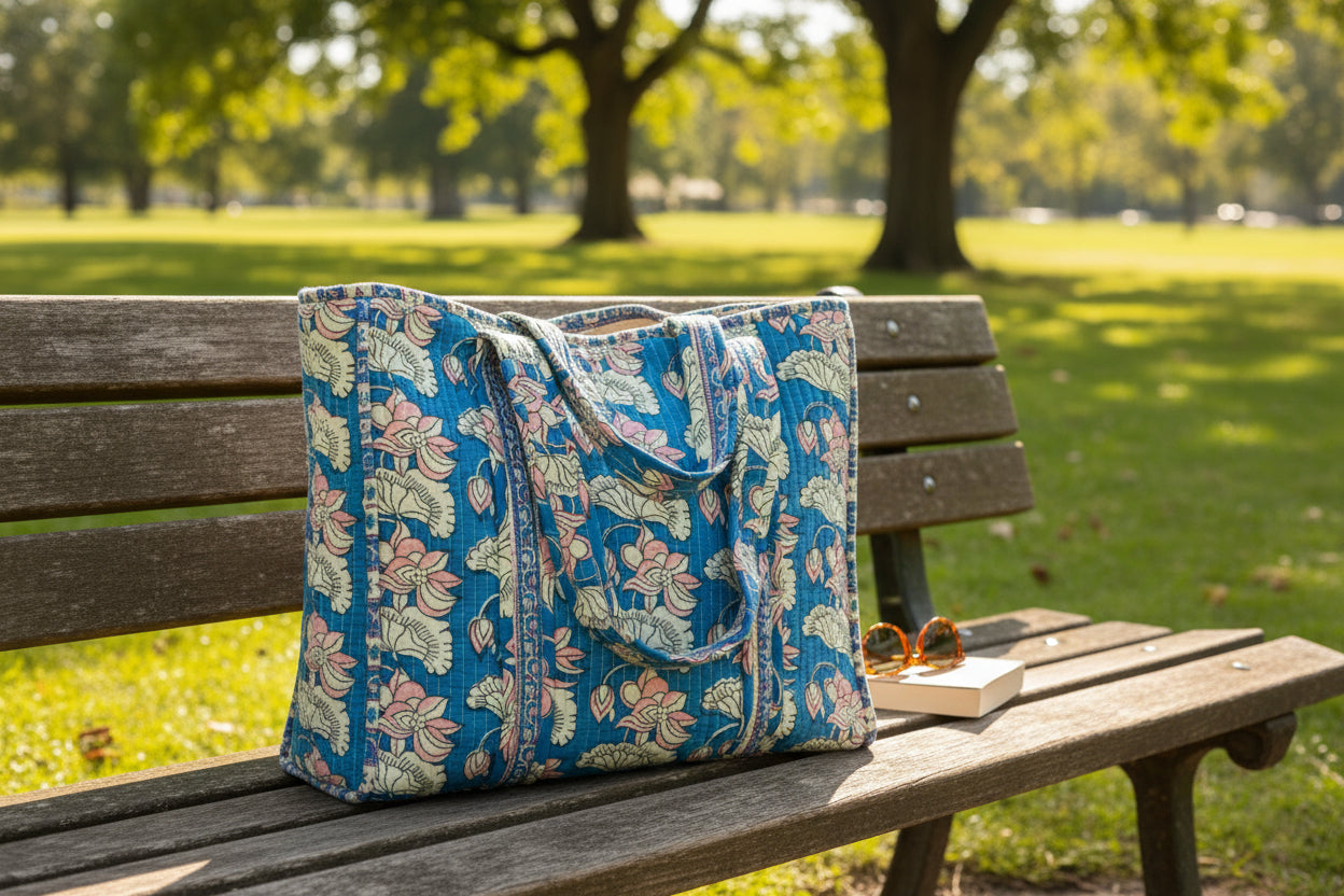 Blue floral hand block-printed quilted cotton tote bag