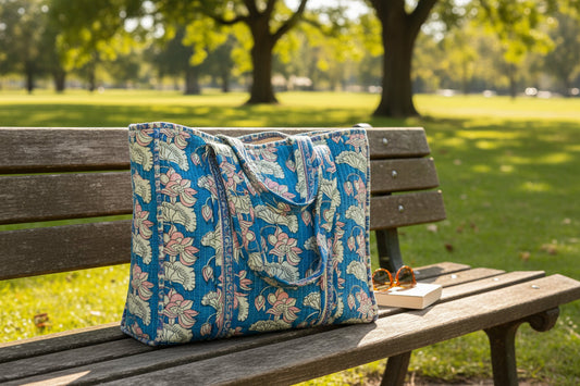 Blue floral hand block-printed quilted cotton tote bag